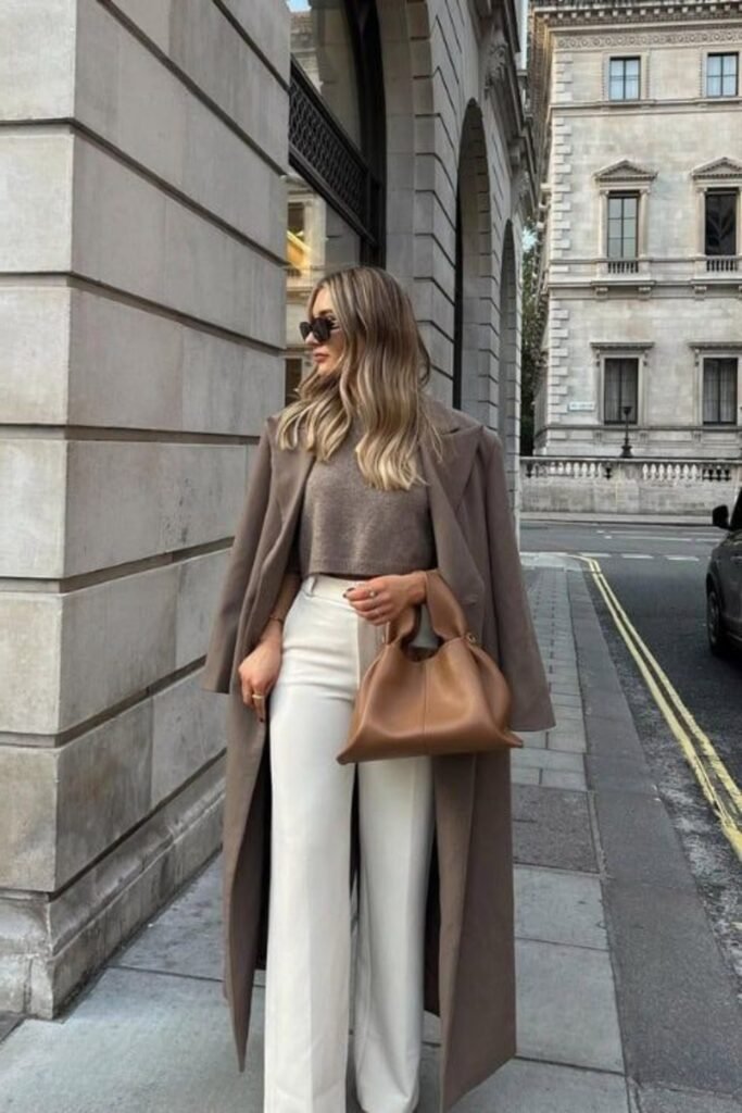 6. Taupe Coat, Cropped Knit, and Cream Trousers