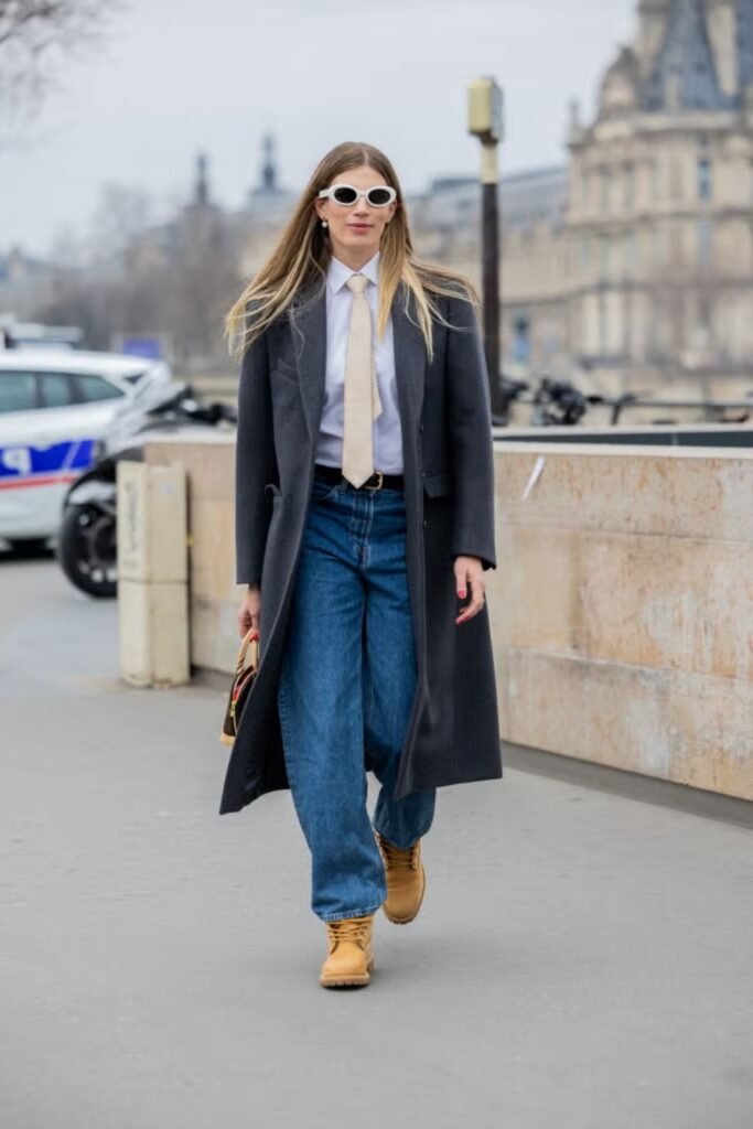 8. Charcoal Coat with Shirt, Tie, and Wide-Leg Jeans