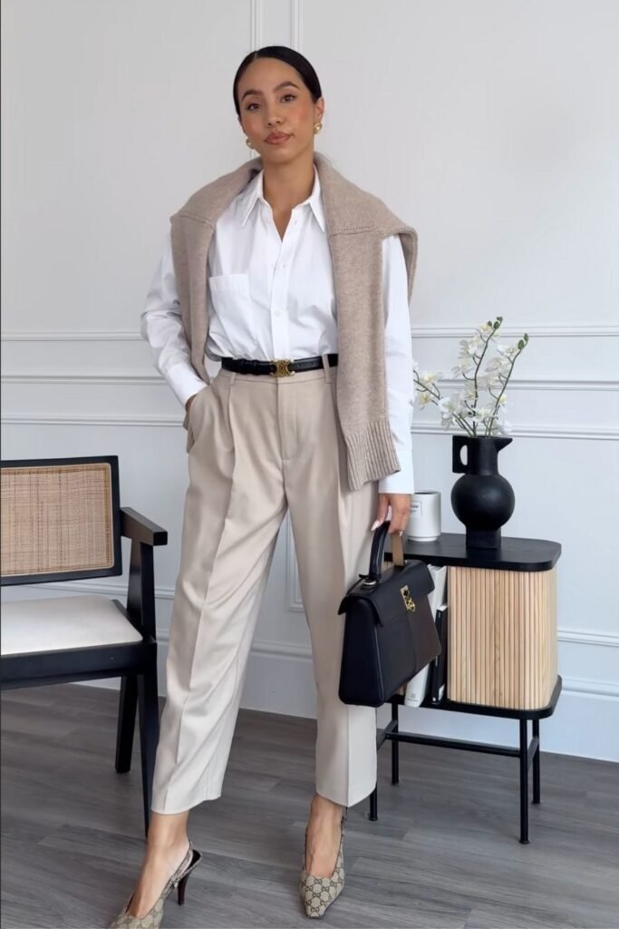 10. White Shirt, Tied Sweater, and Beige Trousers