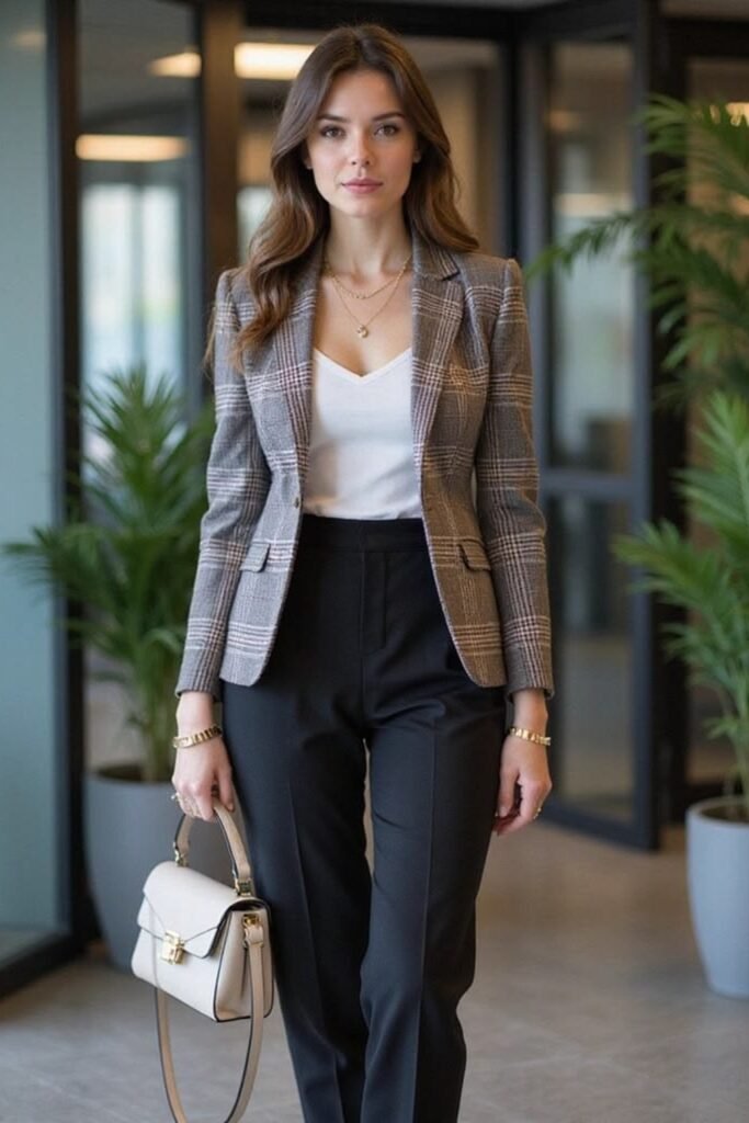 12. Plaid Blazer with White Tee and Black Trousers