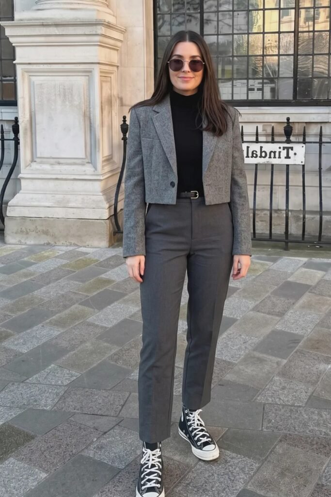 14. Cropped Grey Blazer with Straight Trousers and Sneakers