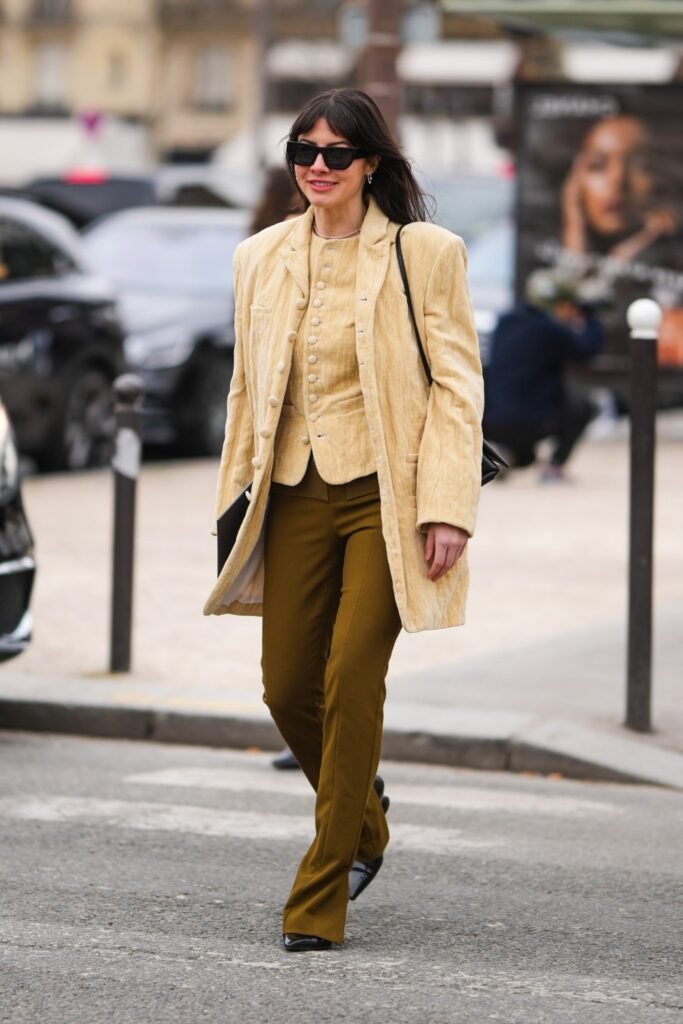 15. Cream Velvet Blazer Set with Olive Flares