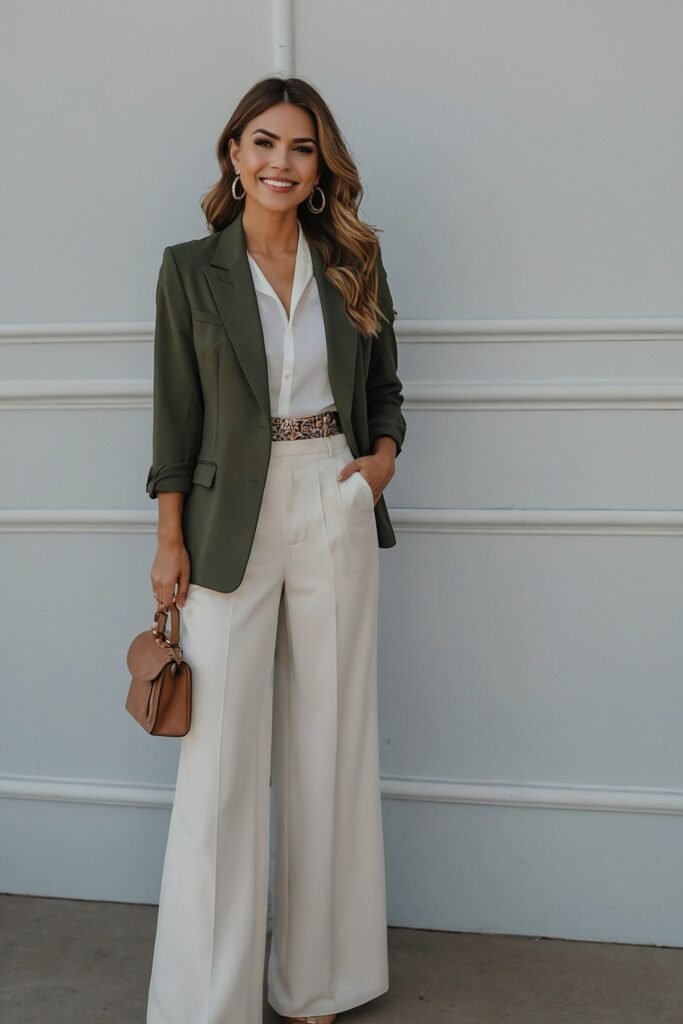 16. Olive Blazer with White Blouse and Cream Trousers