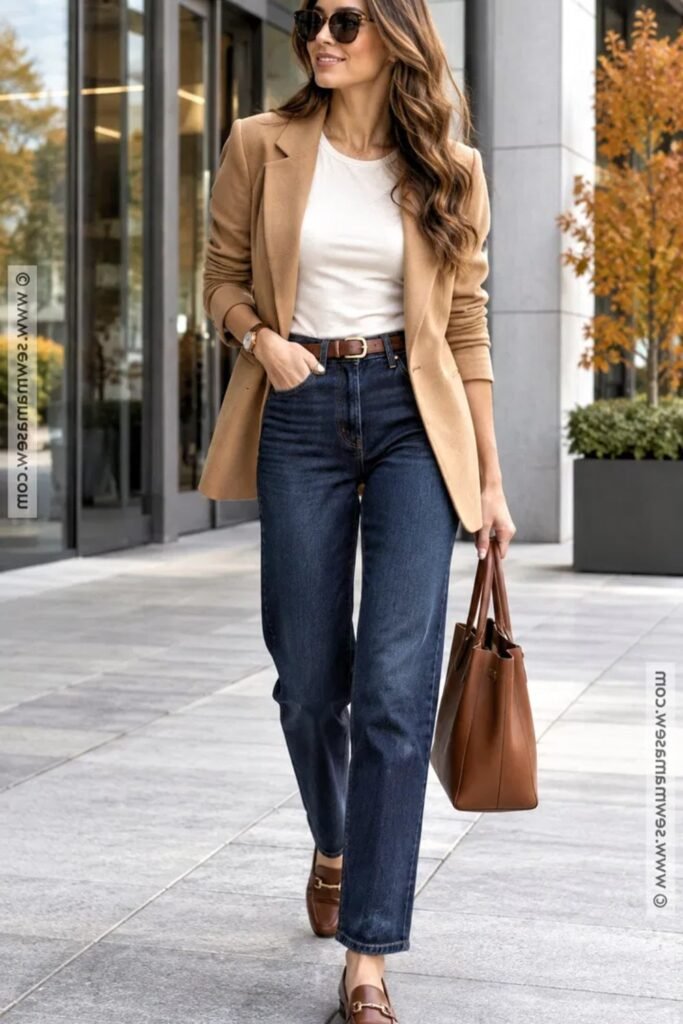 17. Camel Blazer with Dark Jeans and Loafers