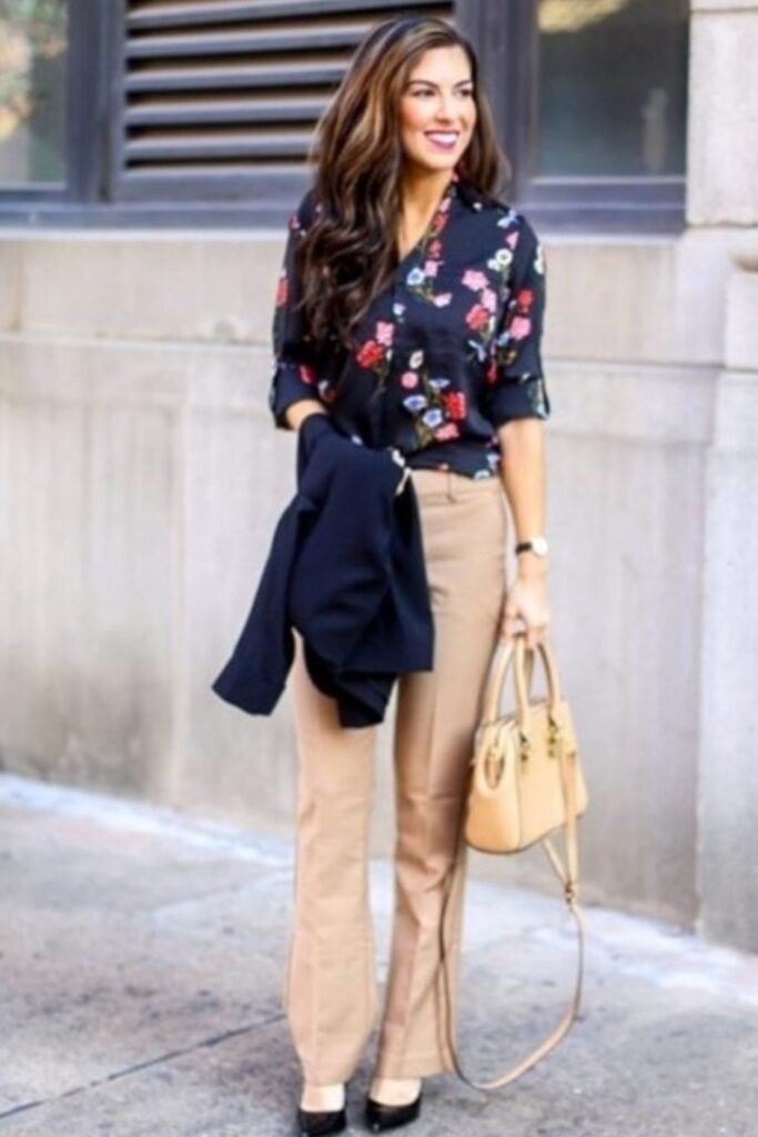19. Navy Floral Blouse with Camel Flared Trousers