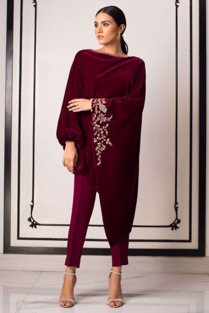 5. Maroon Velvet Tunic with Embroidered Sleeve and Matching Trousers
