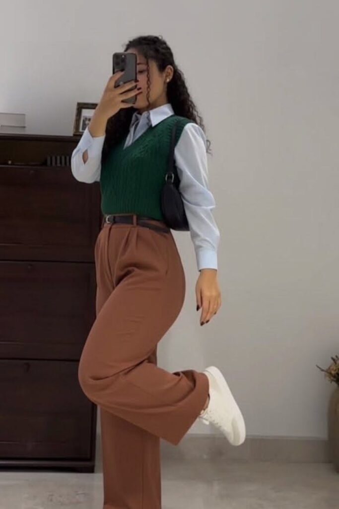 1. Green Sweater Vest with a Blue Shirt and Rust Trousers