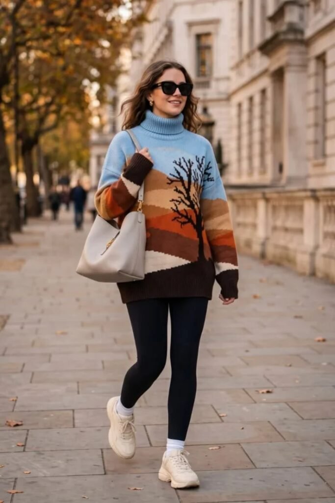 11. Tree Landscape Sweater with Leggings and Chunky Sneakers