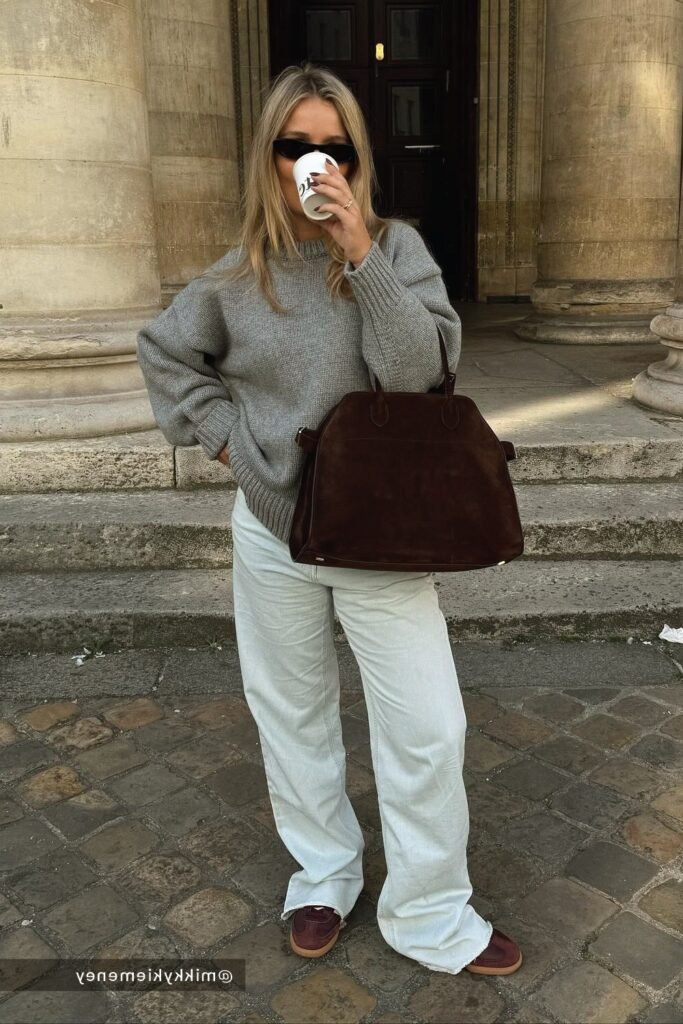 15. Grey Oversized Sweater with Pale Baggy Jeans and Burgundy Sneakers