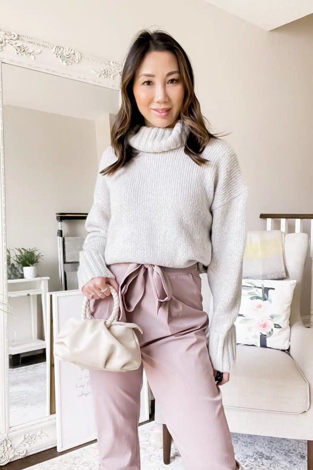 16. Light Grey Turtleneck with Dusty Pink Tie-Waist Trousers