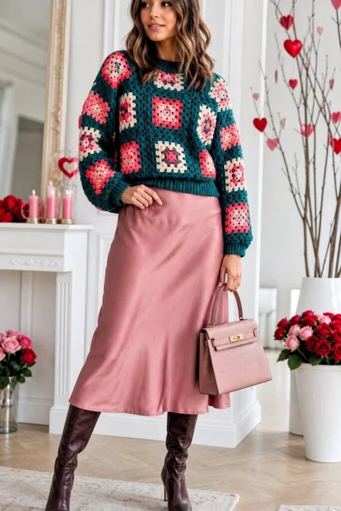 18. Teal Granny Square Sweater with a Rose Satin Midi Skirt