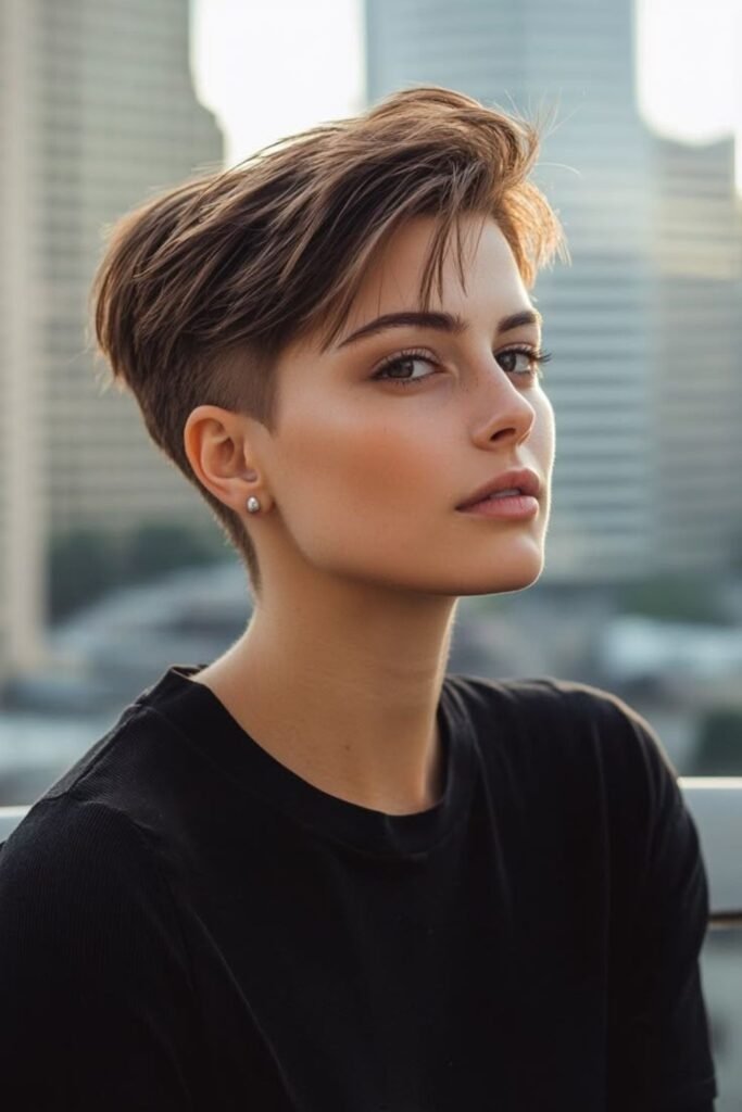 2. Swept Back Caramel Pixie with a Soft Undercut