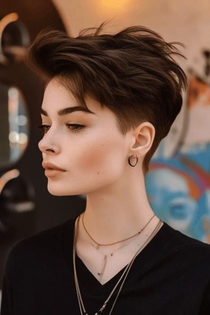 8. Brown Quiff Pixie with Tapered Sides