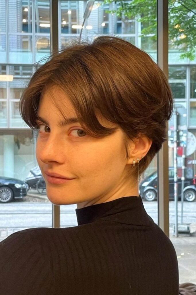 9. Soft Brown Mushroom Pixie with Side Swept Bangs