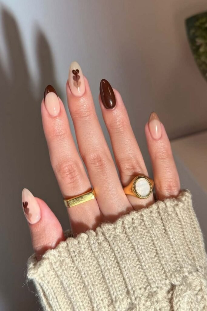 2. Chocolate Heart and French Tip Almond Nails