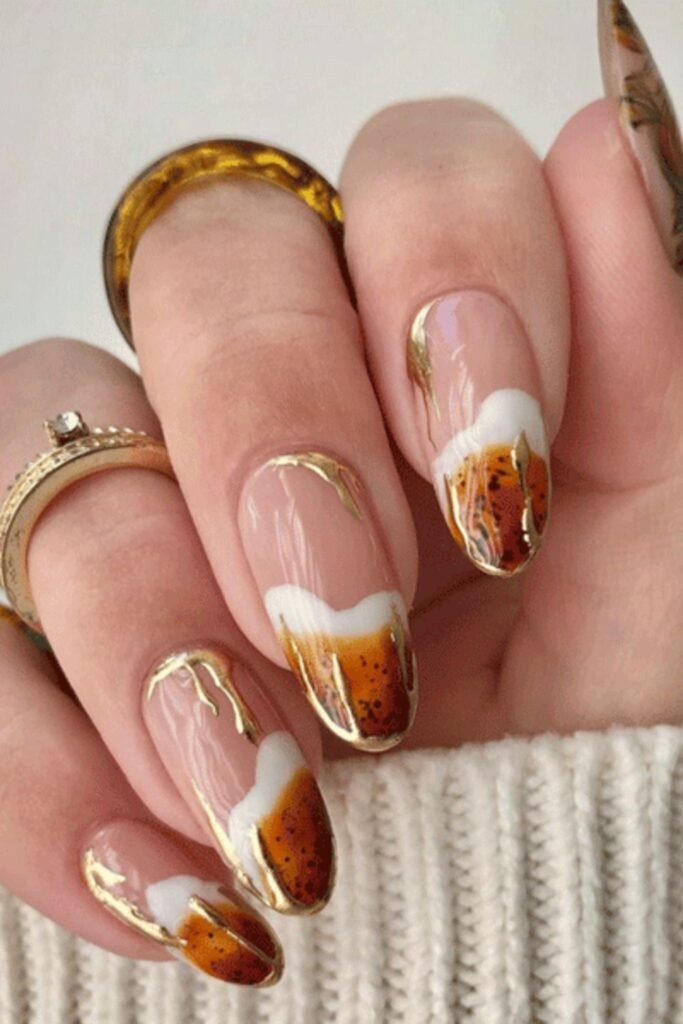 6. Caramel Latte Foam Nails with Gold Foil