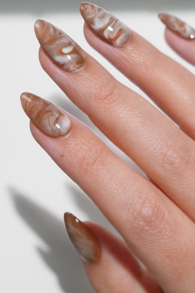 10. Caramel Latte Marble Swirl Nails
