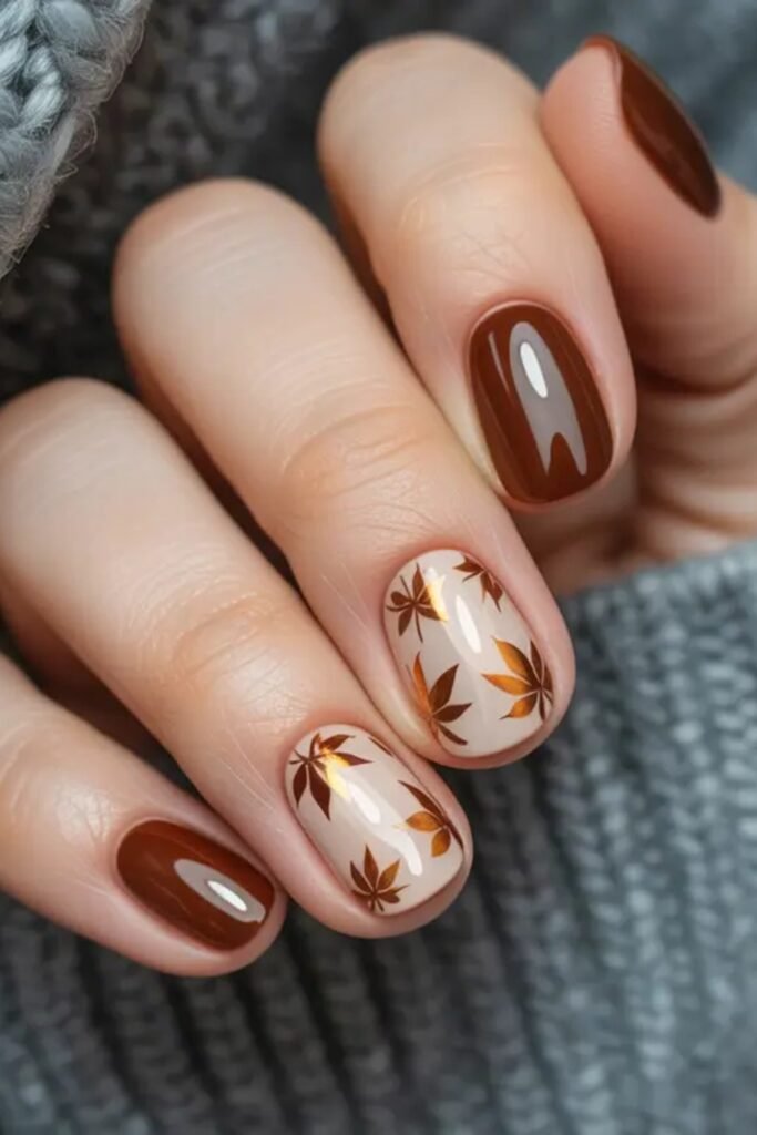 12. Rust Brown and Copper Leaf Short Nails