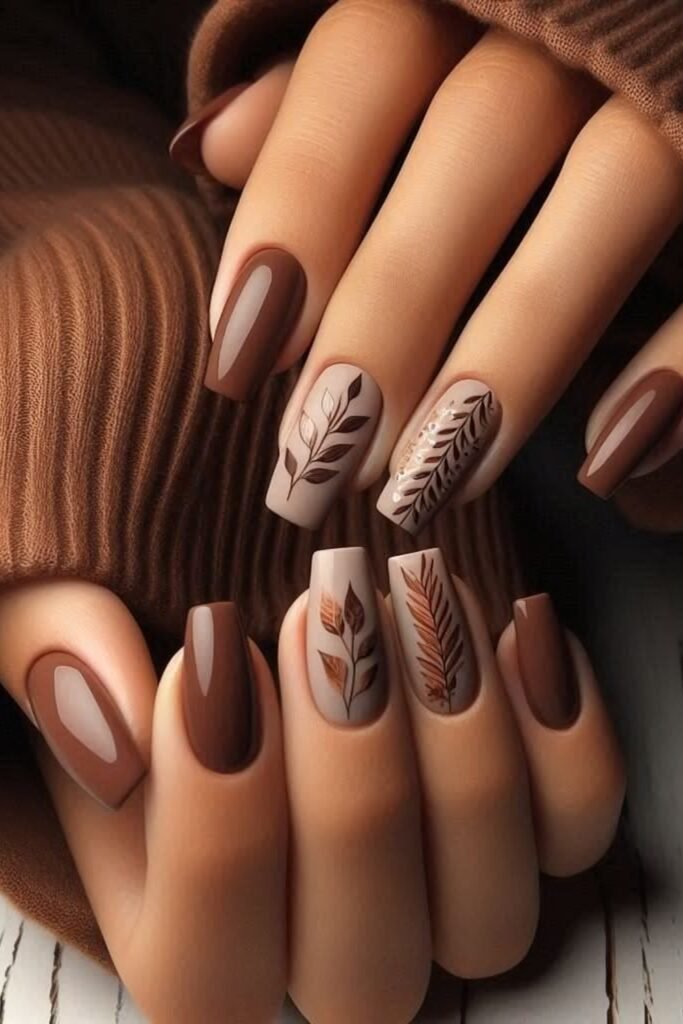13. Brown and Nude Leaf Branch Coffin Nails