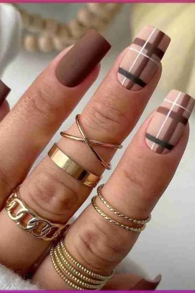 14. Matte Brown Plaid Square Nails