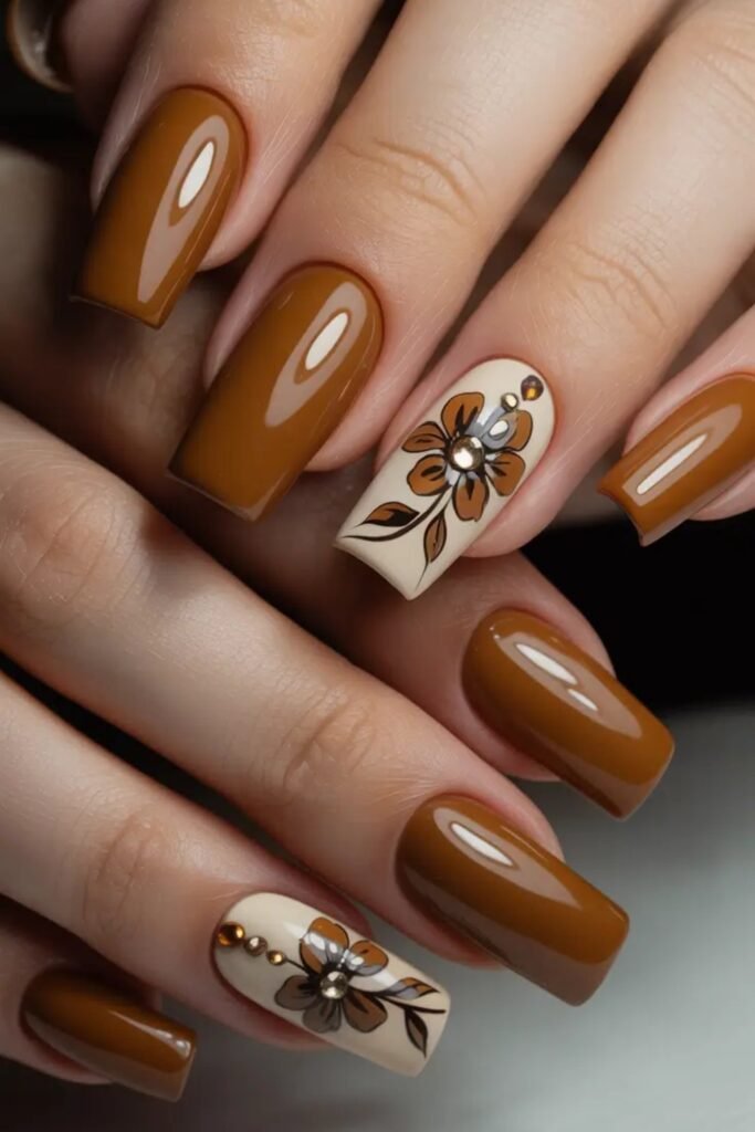 15. Caramel Nails with Cream Flower Accents