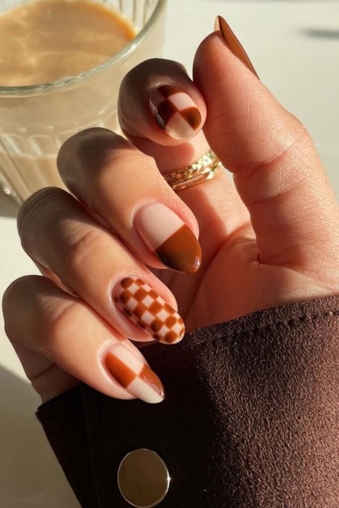 17. Cinnamon Checkerboard Almond Nails