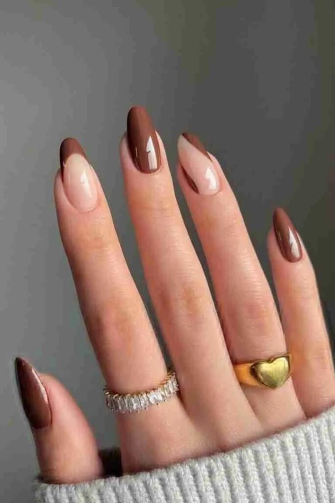 18. Mocha Brown Swoop Tips on Almond Nails