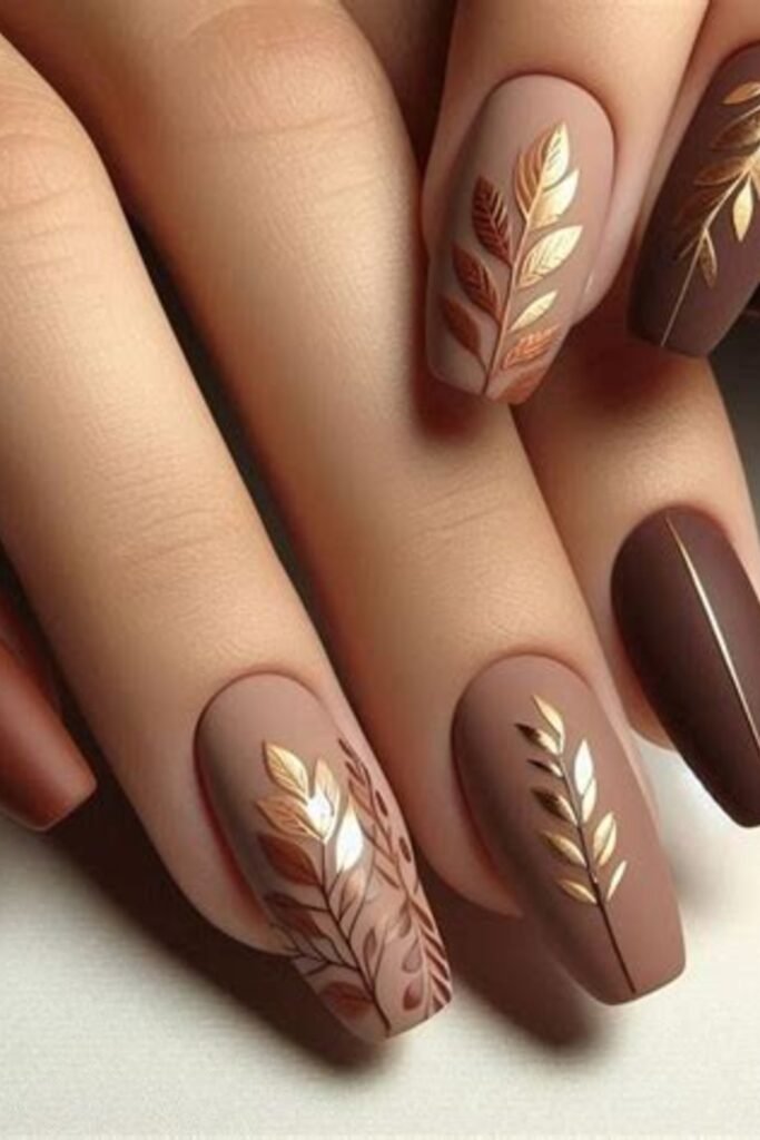19. Matte Mocha Coffin Nails with Gold Leaf Foil