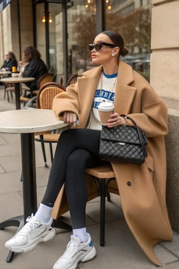 6. Oversized Camel Coat with Leggings and White Sneakers