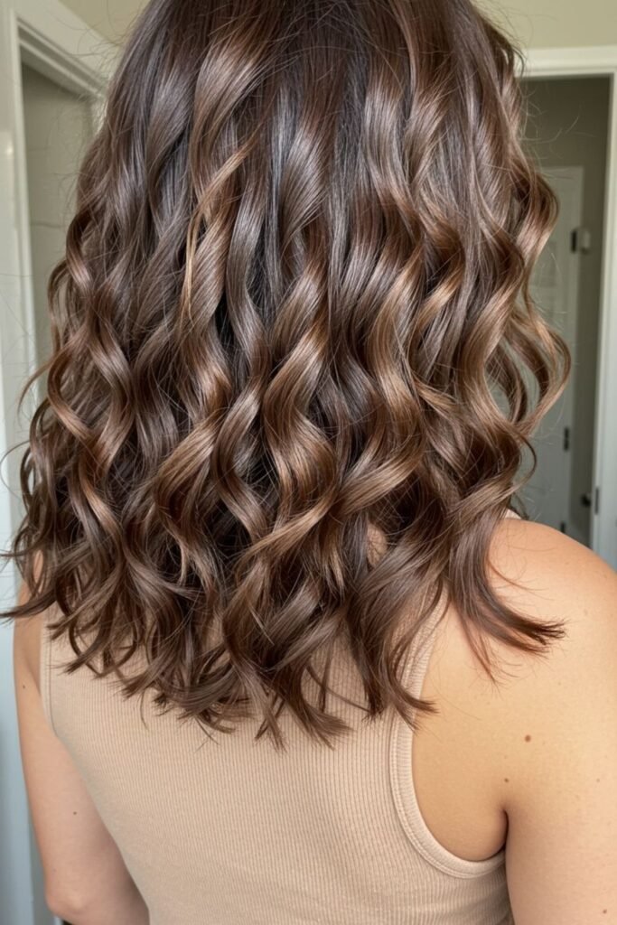 1. Glossy Chocolate Brown Waves with Caramel Glints
