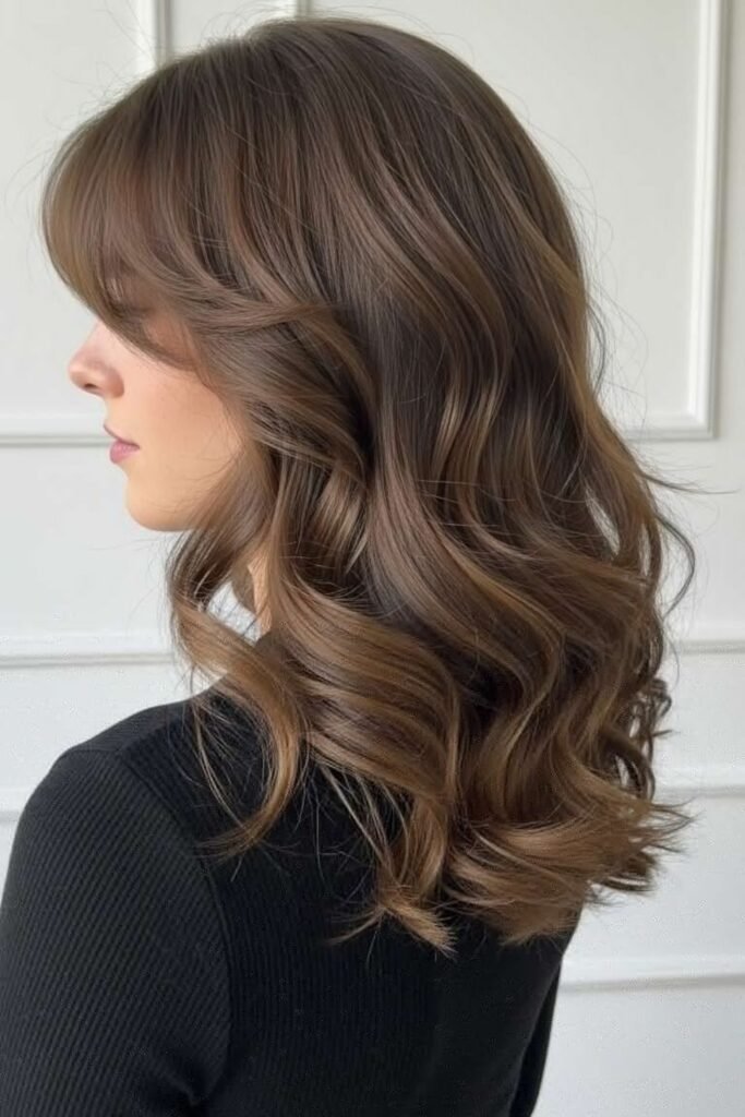 4. Mocha Blowout Waves with Curtain Bangs