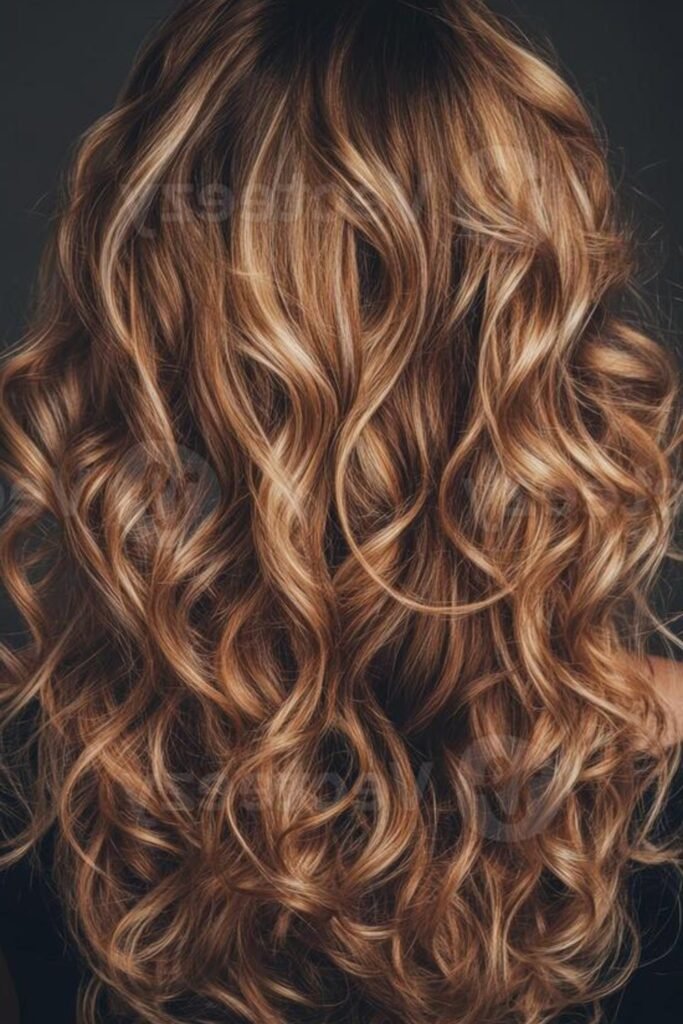 13. Golden Caramel Bouncy Curls with Dark Roots