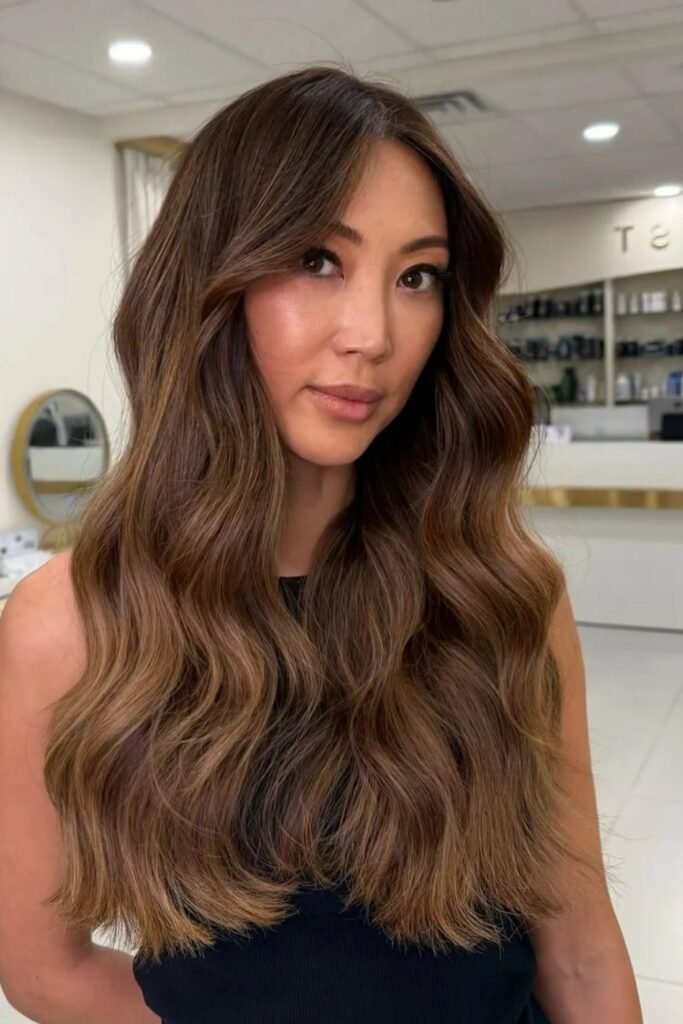 15. Caramel Balayage Waves with Curtain Bangs