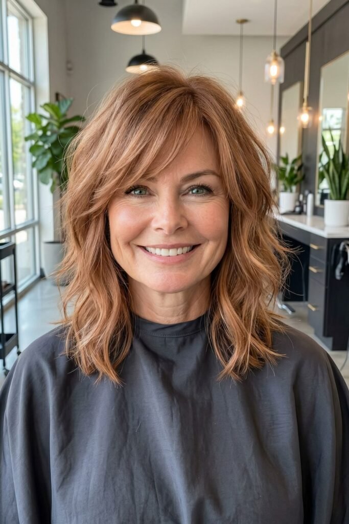 2. Copper Wavy Lob with Side-Swept Bangs