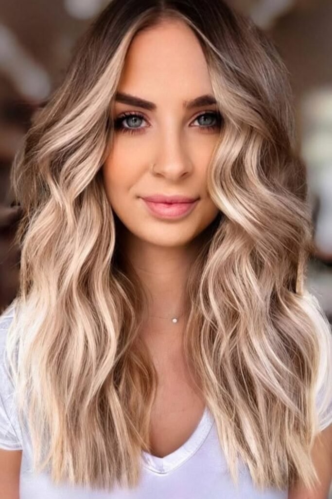 1. Beige Balayage with Dark Roots and Money Piece