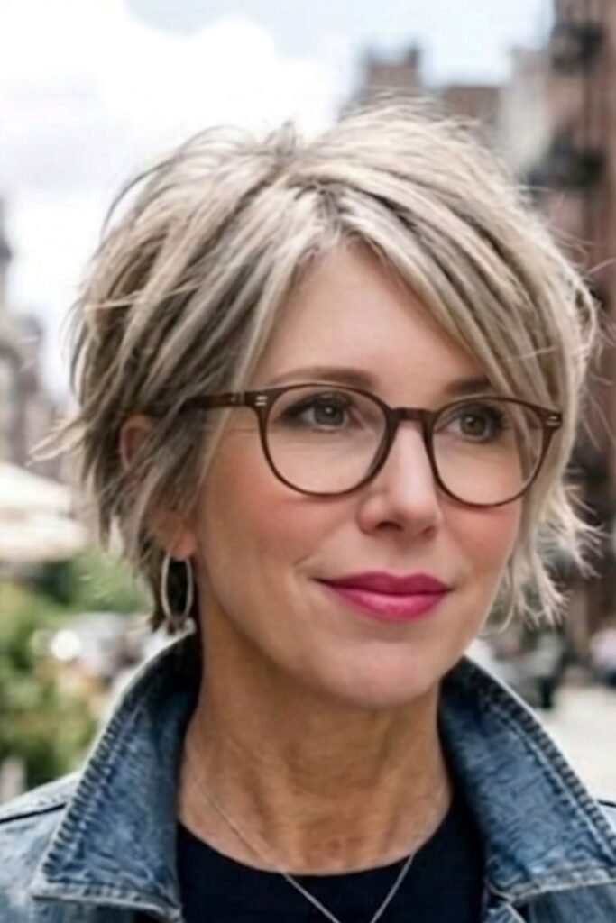 1. Ash Blonde Shaggy Pixie with Long Side Bangs