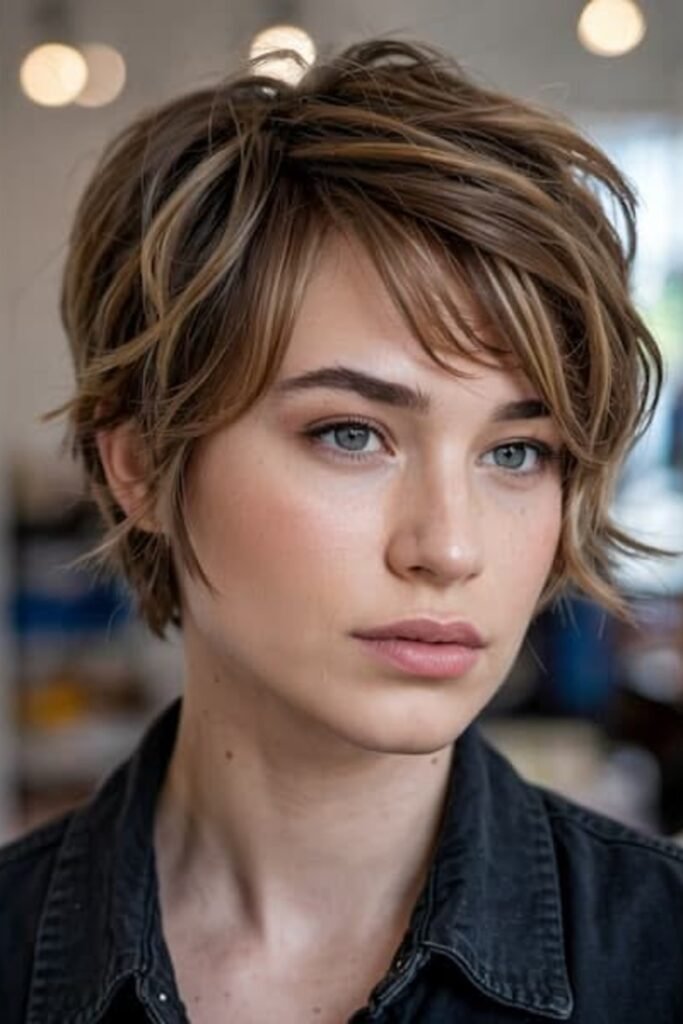 3. Messy Brown Pixie with Caramel Streaks