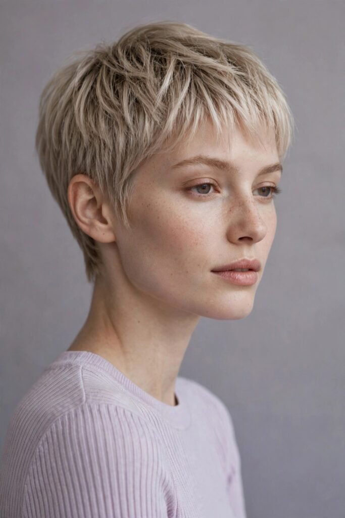 8. Ash Blonde Micro Pixie with Feathered Bangs