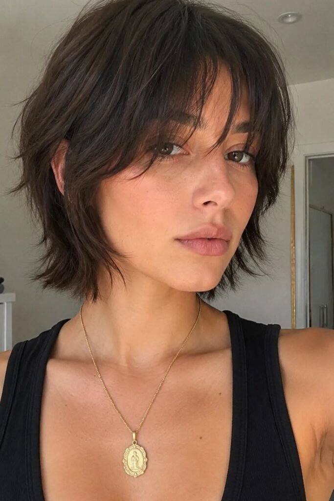 9. Dark Brown Shaggy Short Cut with Wispy Bangs