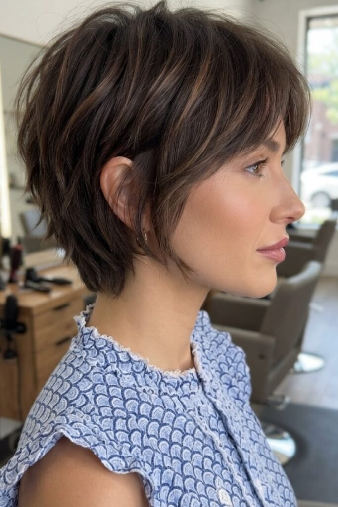10. Layered Brunette Pixie with Soft Caramel Lowlights