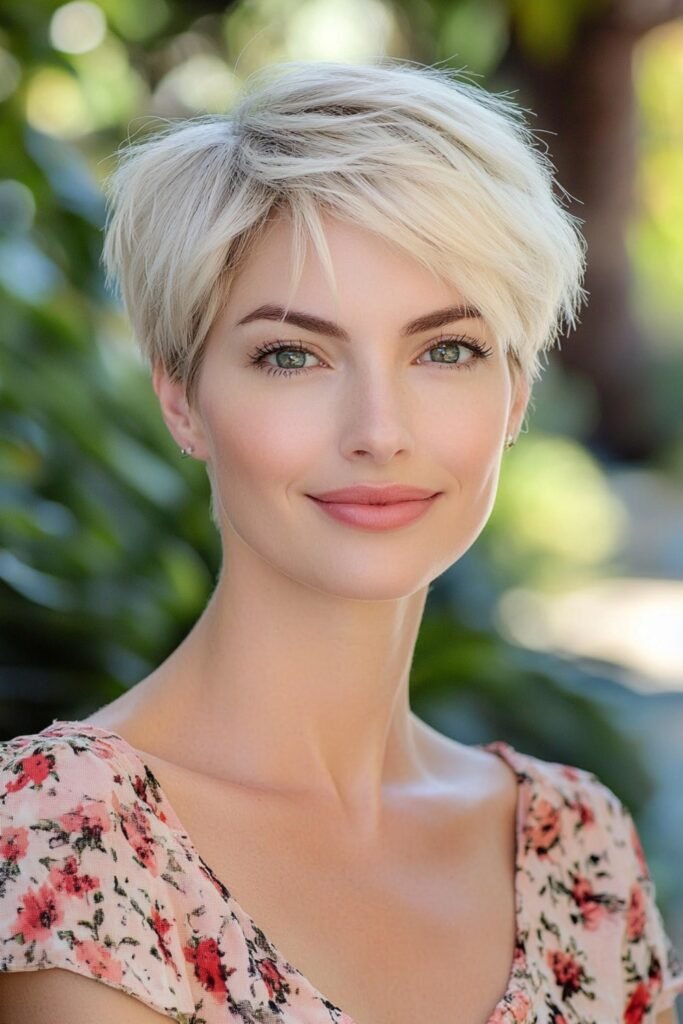 16. Creamy Blonde Swoopy Pixie with Shadow Root