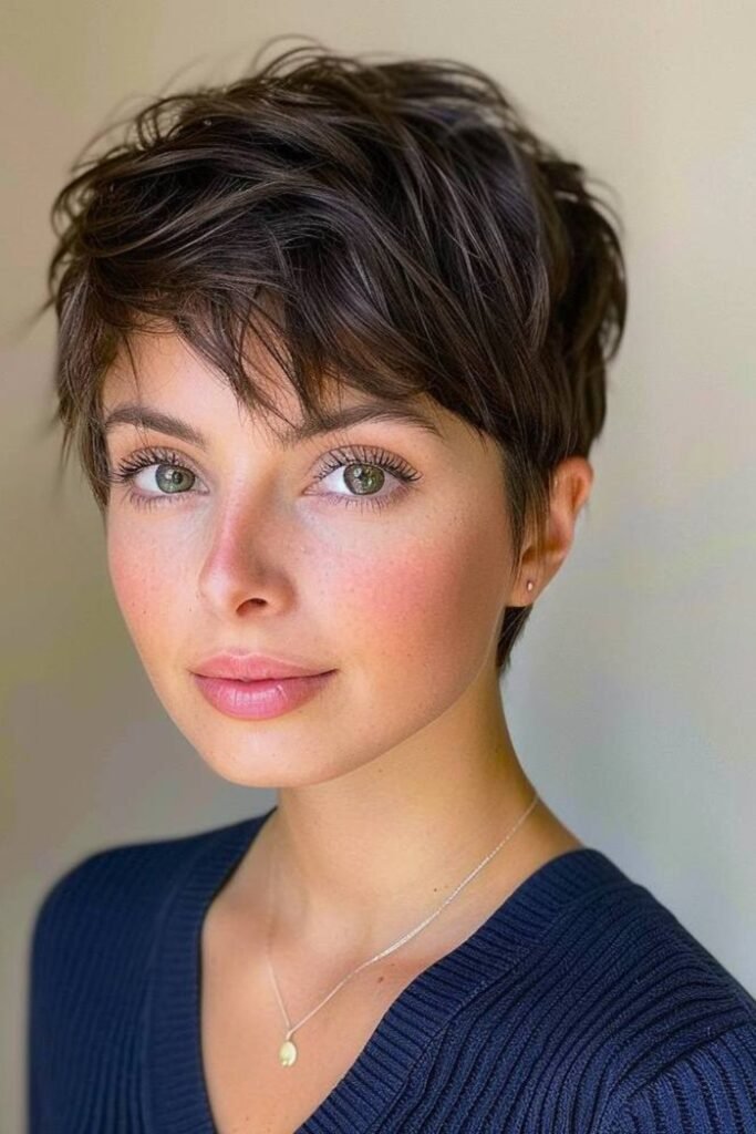 17. Soft Dark Brown Pixie with Feathery Side Bangs