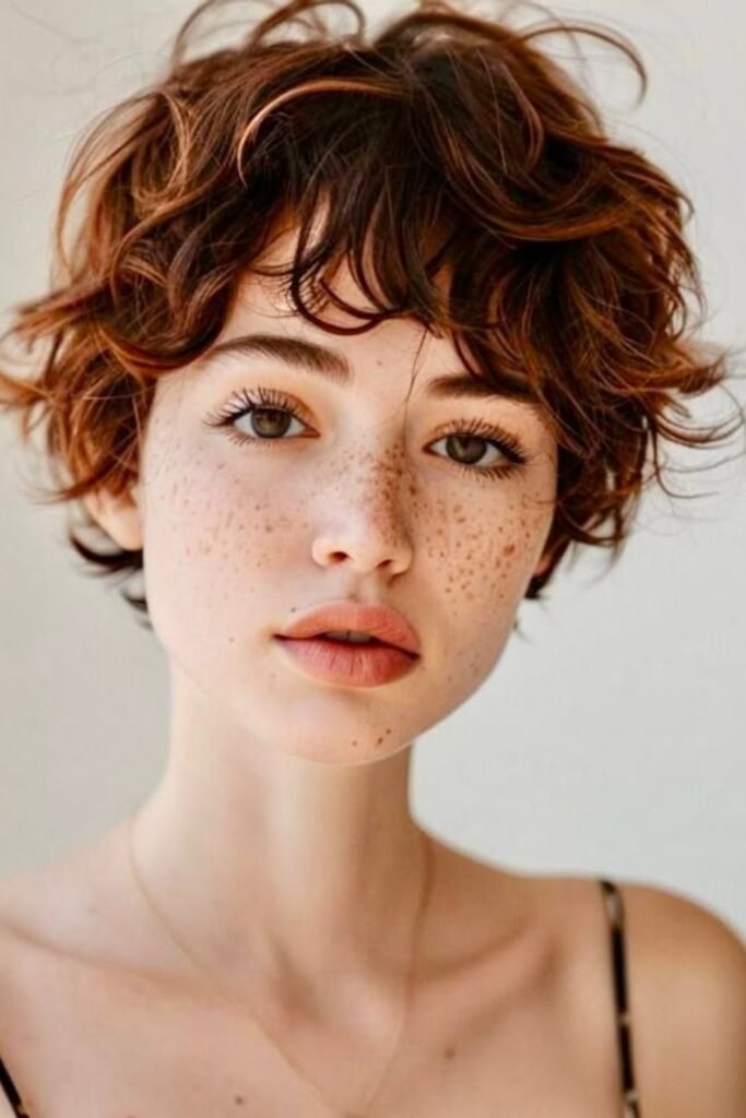 19. Auburn Curly Pixie with Wispy Curly Bangs