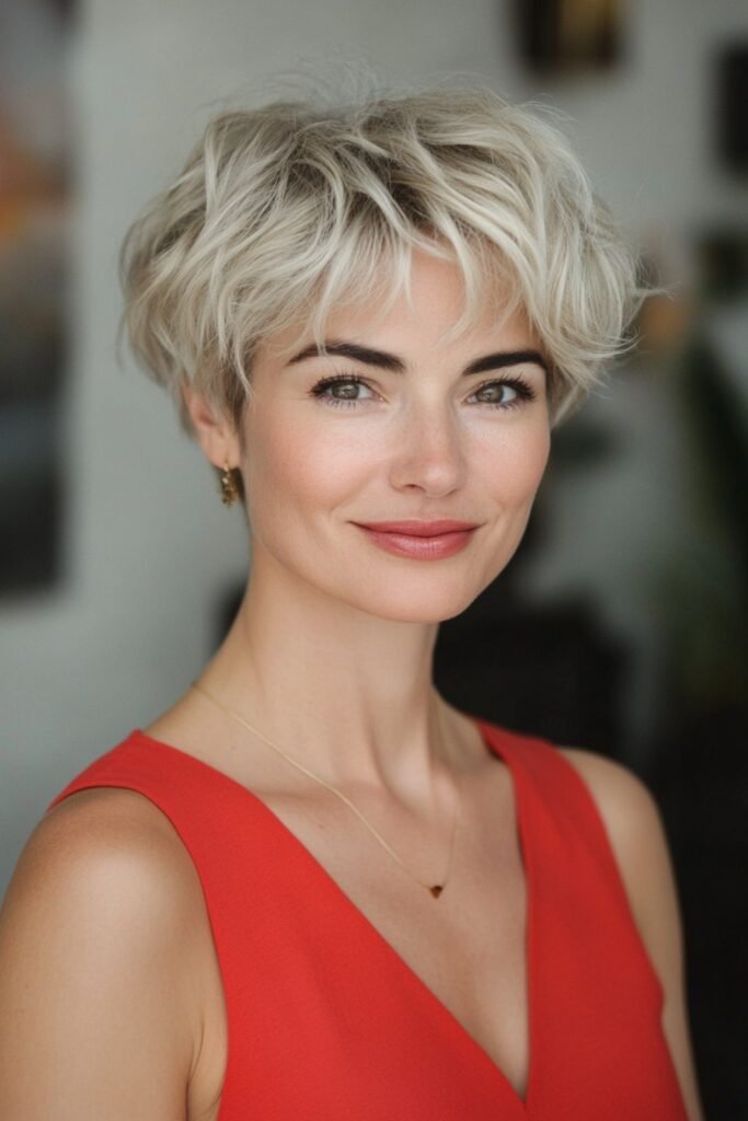 20. Ash Blonde Curly Pixie with Dark Roots